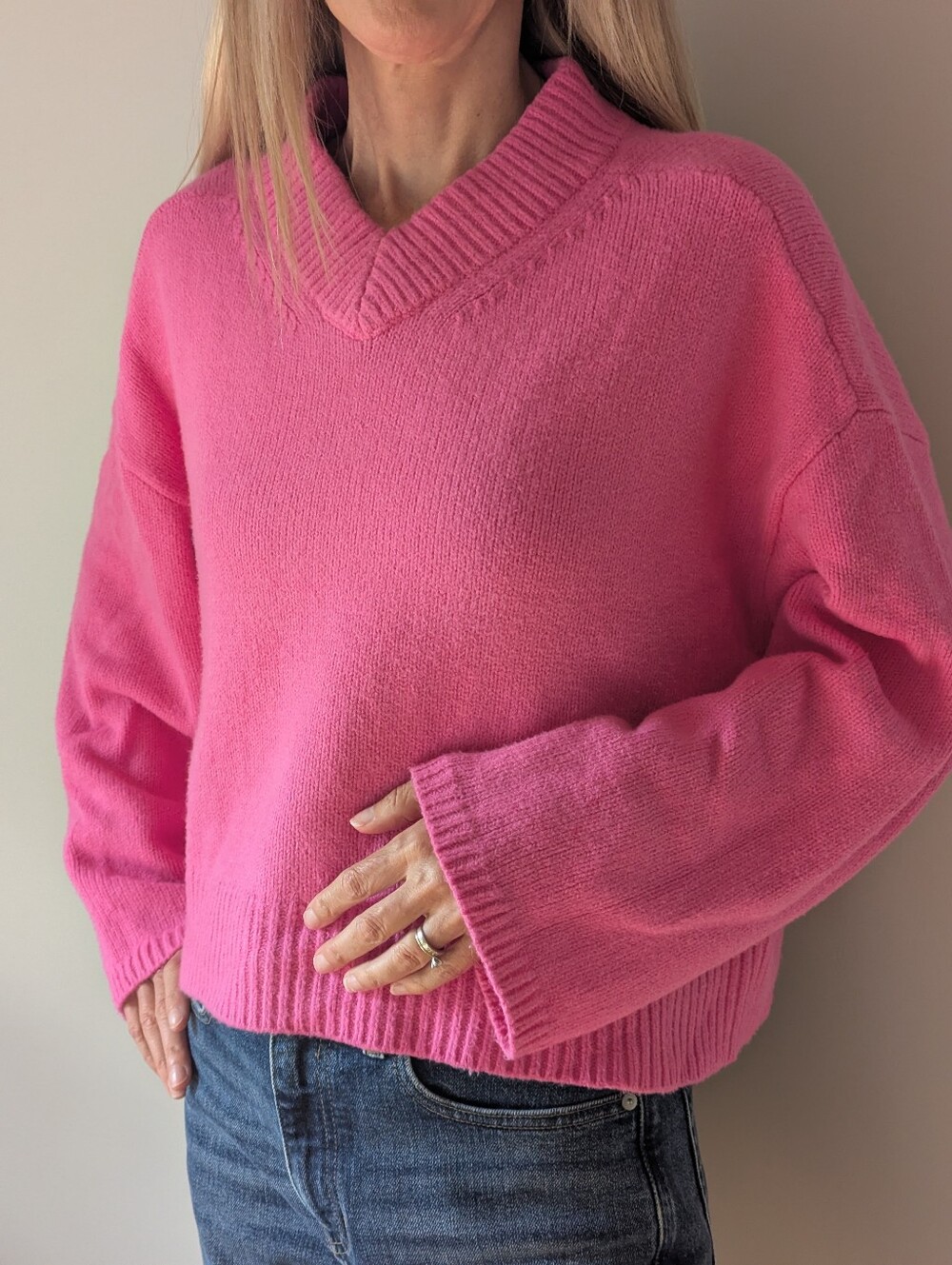 GAP Women's V-Neck Boxy Sweater - Bright Pink - Picture 2 of 6